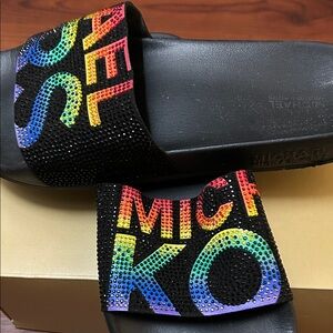 Michael Kors Black Slides with Rainbow Crystal Logo